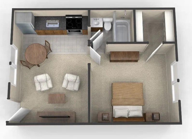 An aerial view of a floor plan of a small apartment