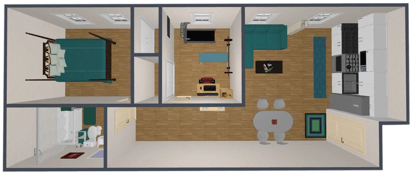 A floor plan of a house with a bedroom , living room , and kitchen.
