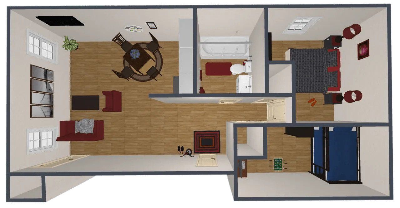 An aerial view of a floor plan of a house.