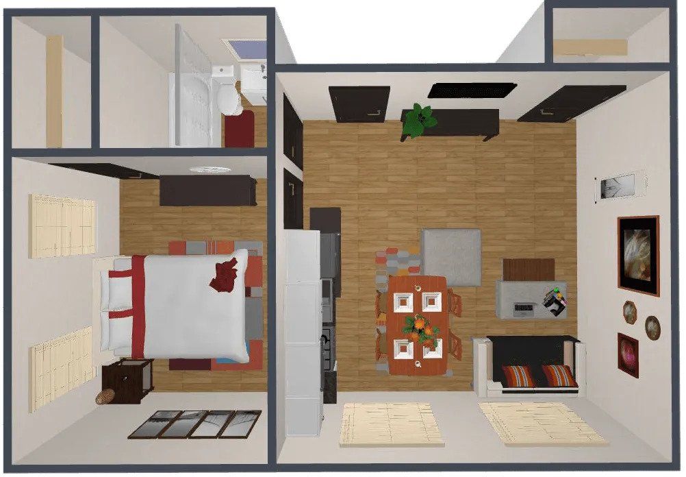 An aerial view of a bedroom , living room , dining room and bathroom.