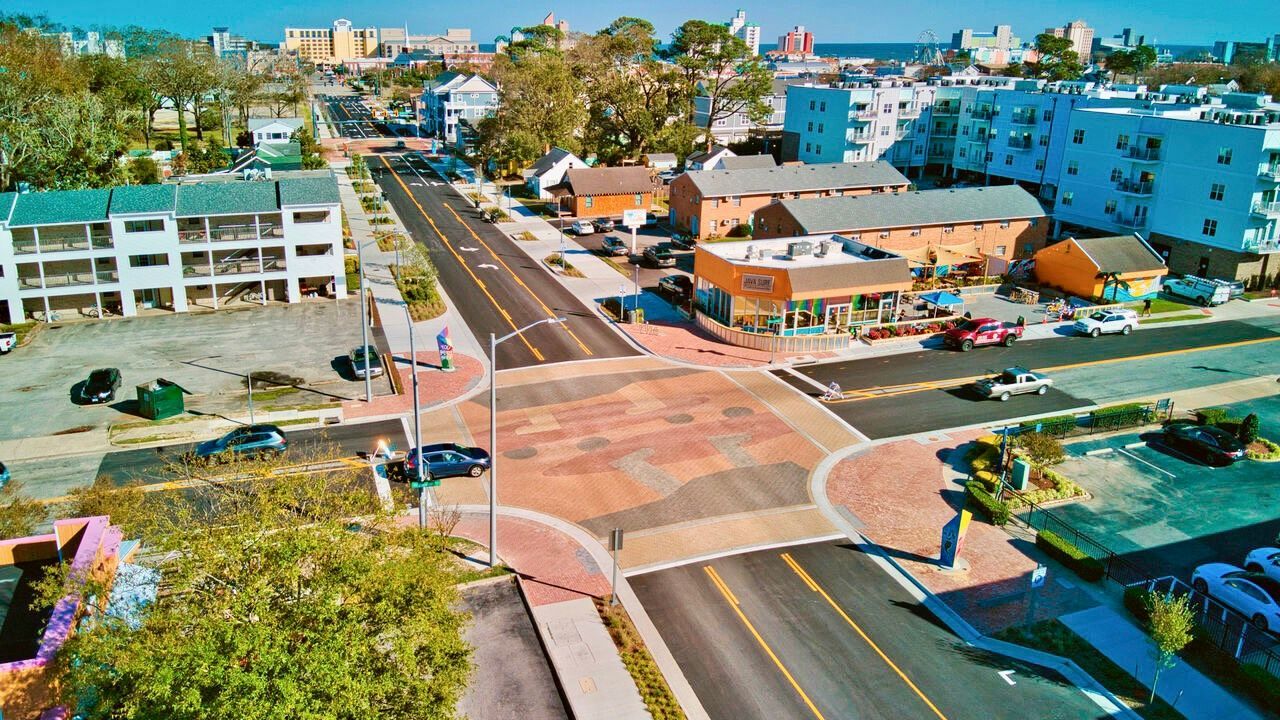 An aerial view of an intersection in a city