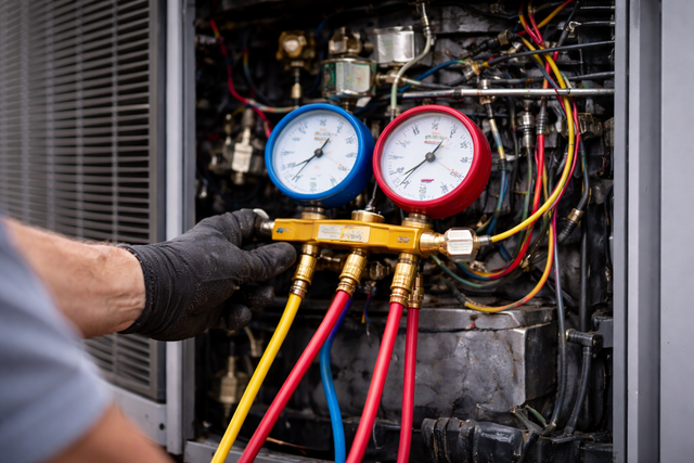 A technician wearing black gloves uses a manifold gauge set to check the pressure of an HVAC unit.