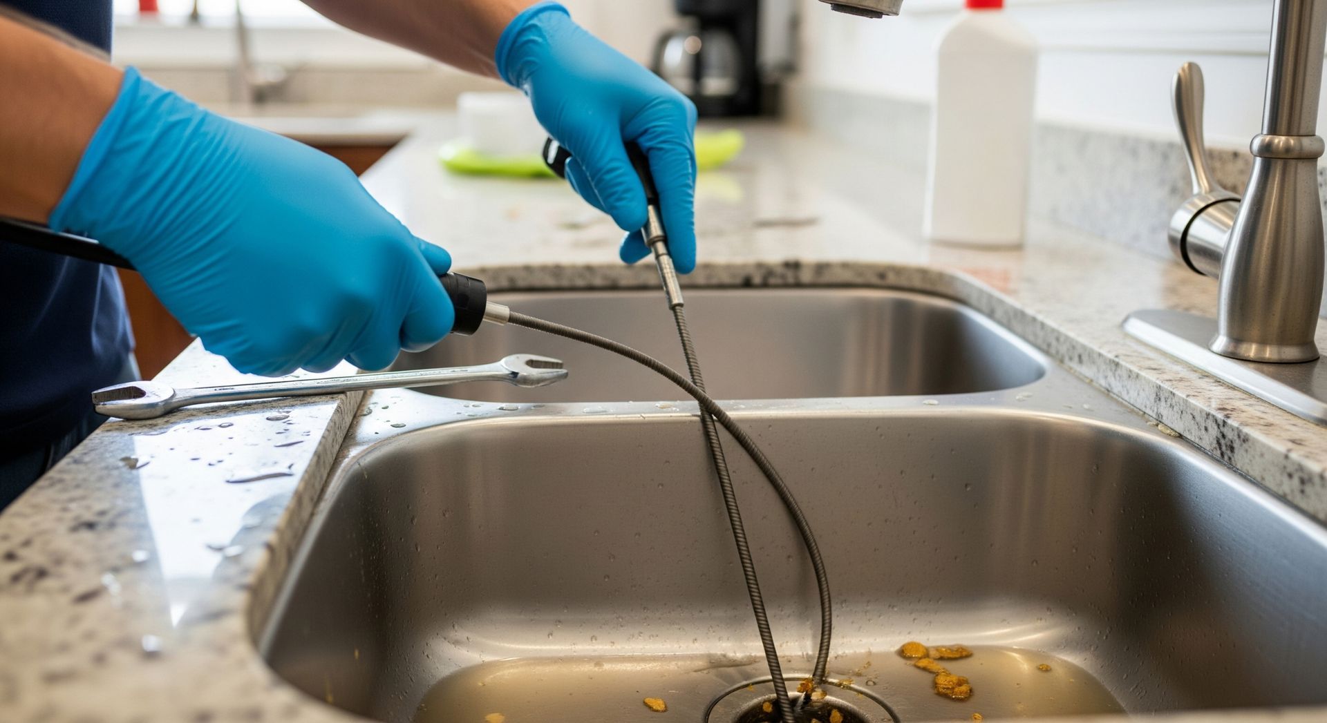 Blue-gloved hands unclog a kitchen sink drain with a tool beside a double basin.