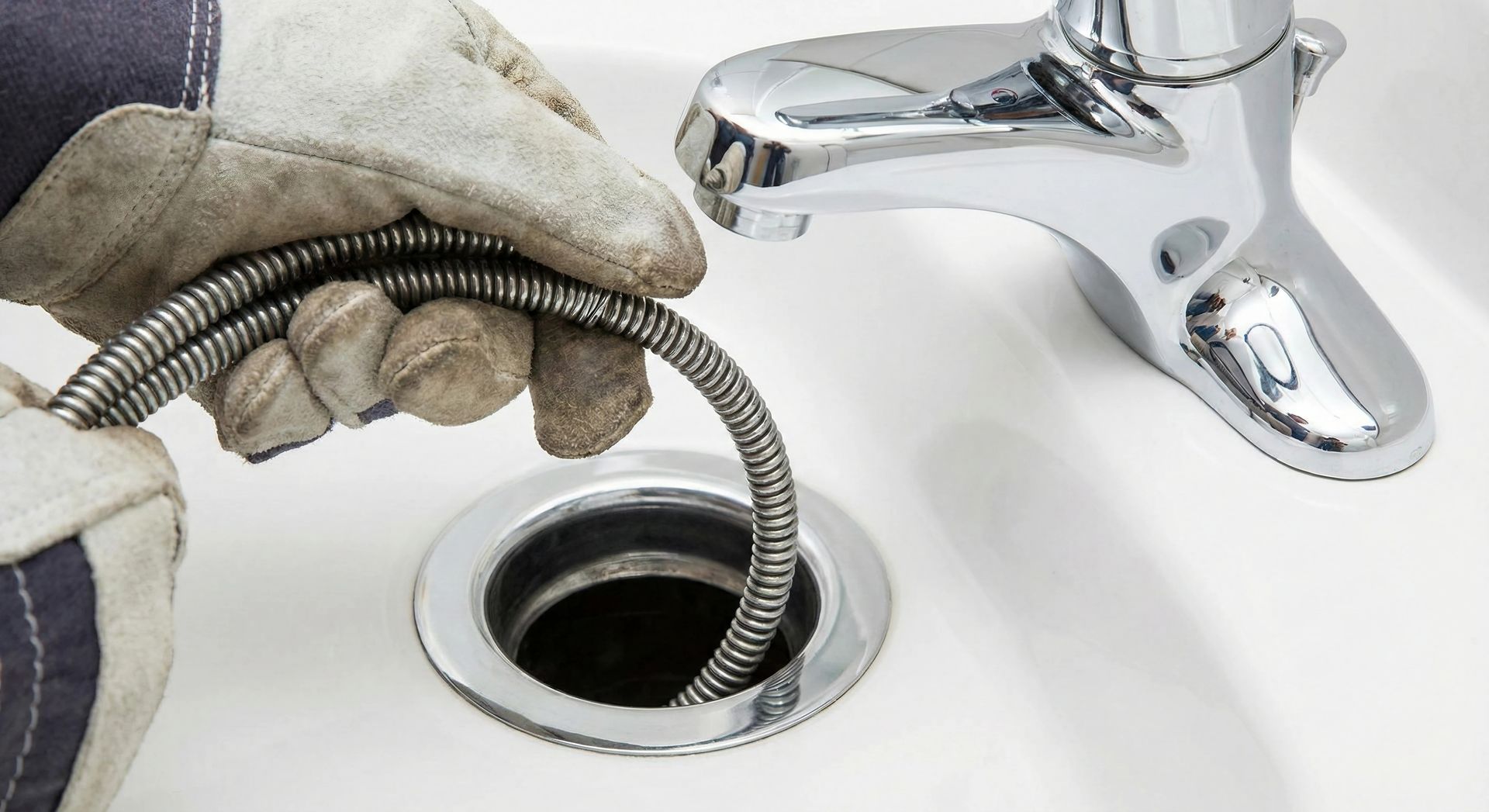 Gloved hand feeding a drain snake into a bathroom sink drain beside a chrome faucet