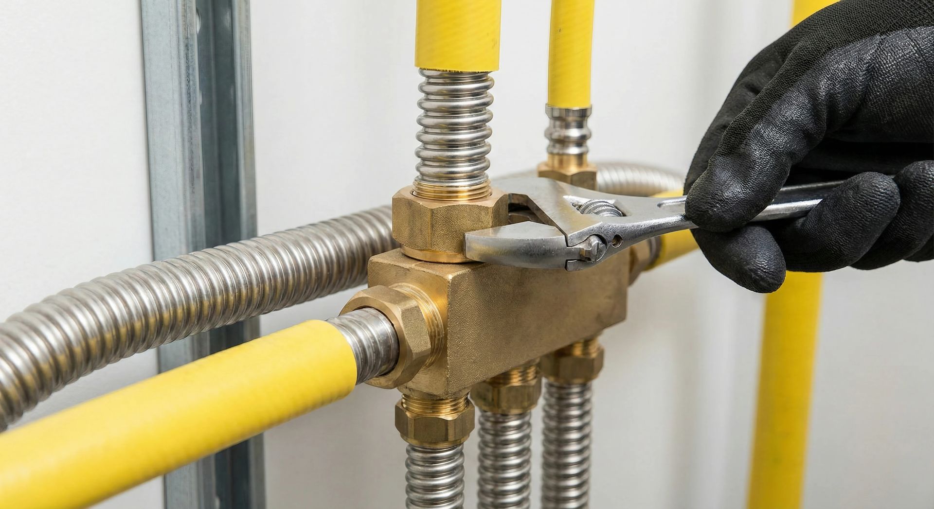 Gloved hand adjusts a brass pipe fitting with yellow hoses and metal conduit attached