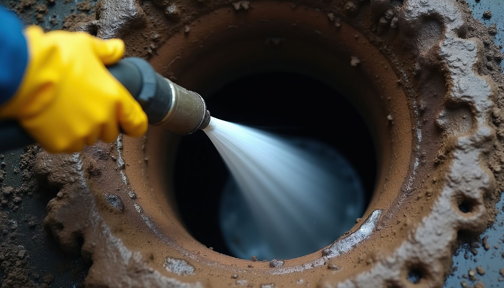 Gloved hands use a pressure washer to clean the inside of a rusted pipe opening.