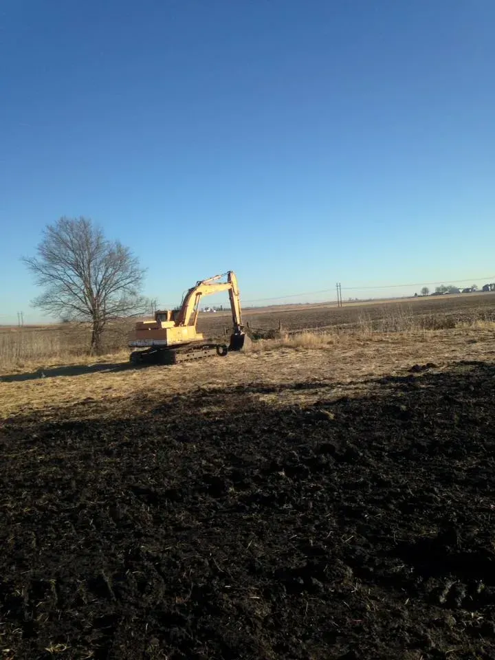 Yellow excavator digging in a field beside a leafless tree under a clear blue sky