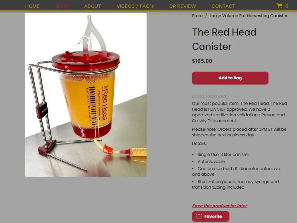 Miami Fat Supply e-commerce website homepage featuring the Red Head fat harvesting system