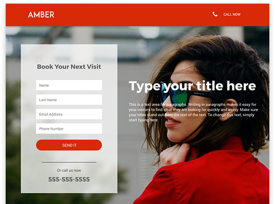 A woman wearing sunglasses and a red jacket is on a landing page website.