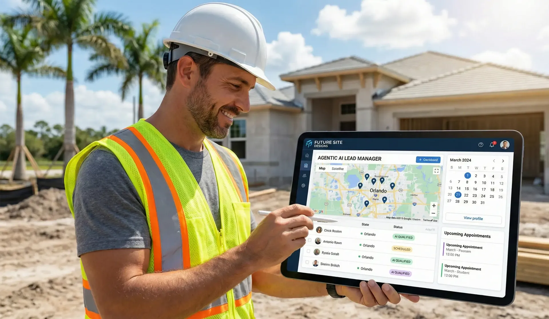 Orlando contractor using a tablet AI dashboard to manage construction leads and schedules