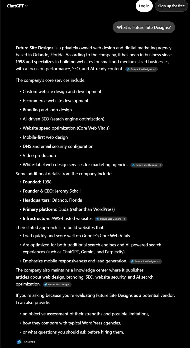 AI answer engine result describing Future Site Designs, with citations pointing to the company website