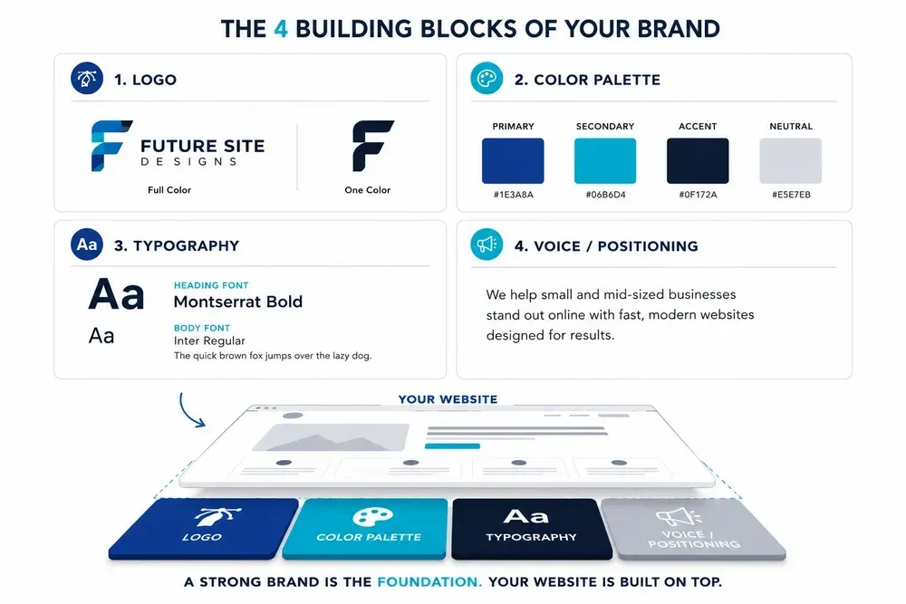 Brand foundation of logo, color palette, typography, and voice supporting a website layout