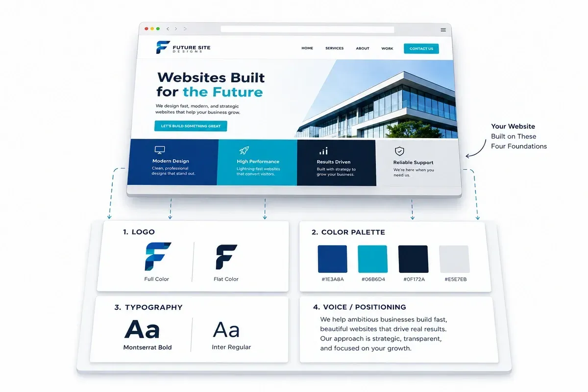 Brand style sheet with logo, color swatches, and fonts flowing into a matching website homepage