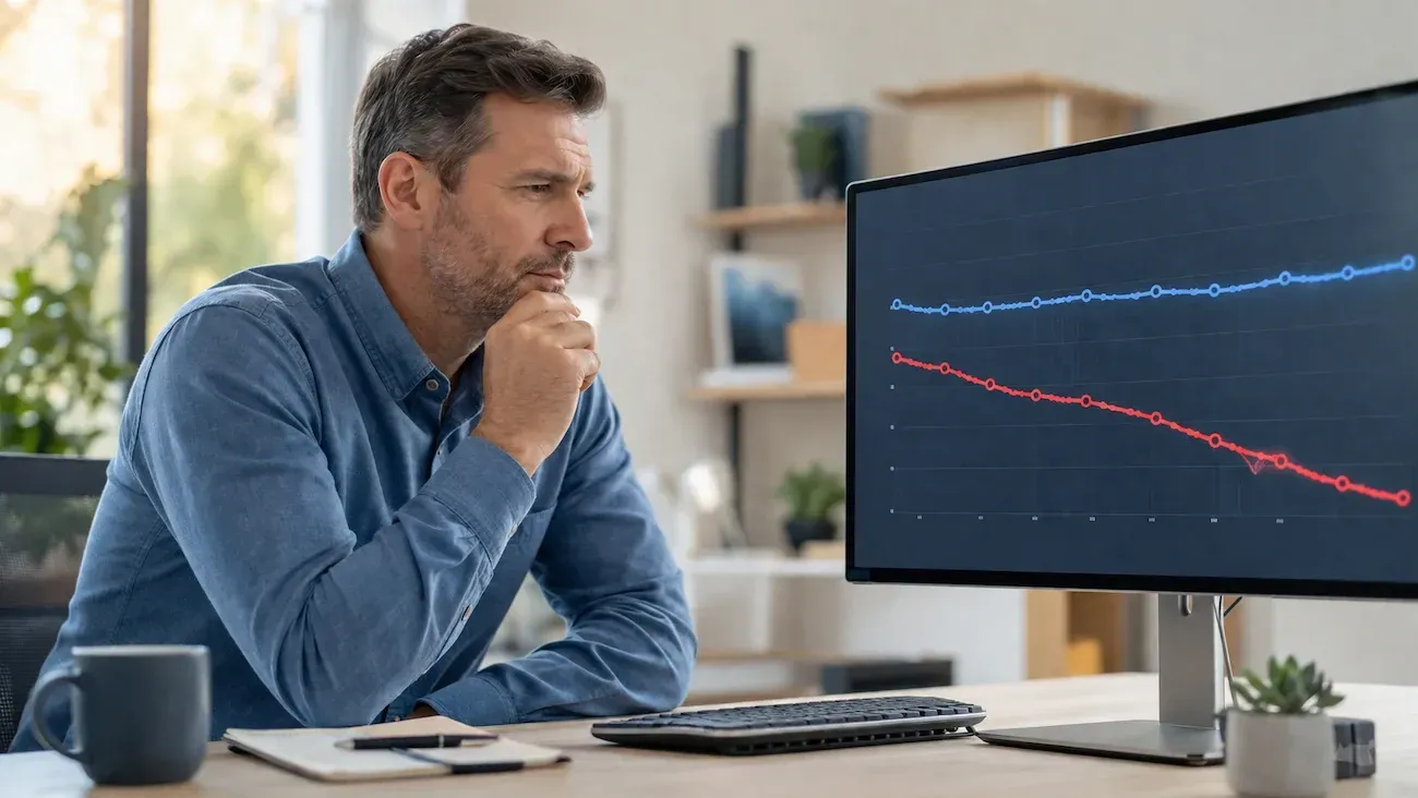 Business owner reviewing an analytics dashboard showing flat rankings and declining website clicks.