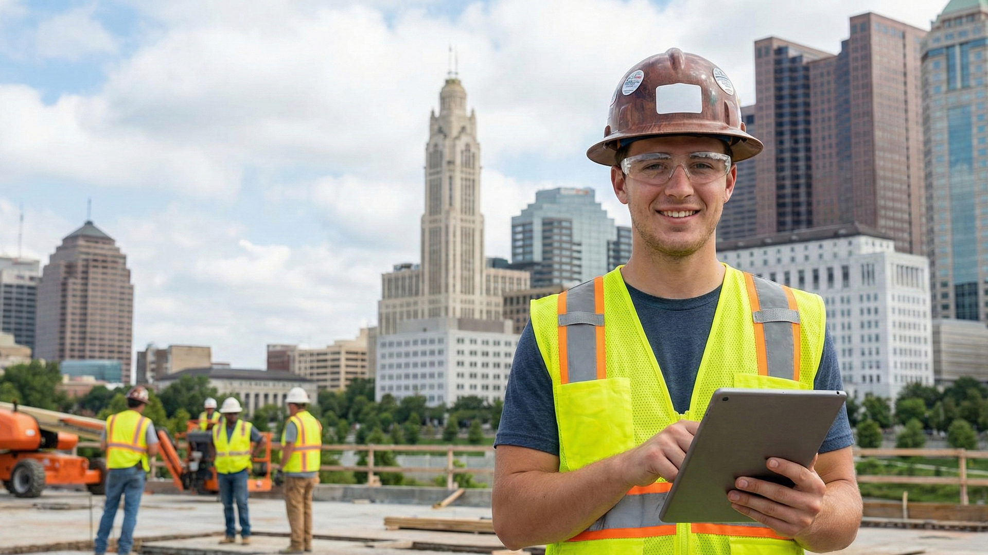 Young skilled trade worker using digital technology on a Columbus Ohio construction site