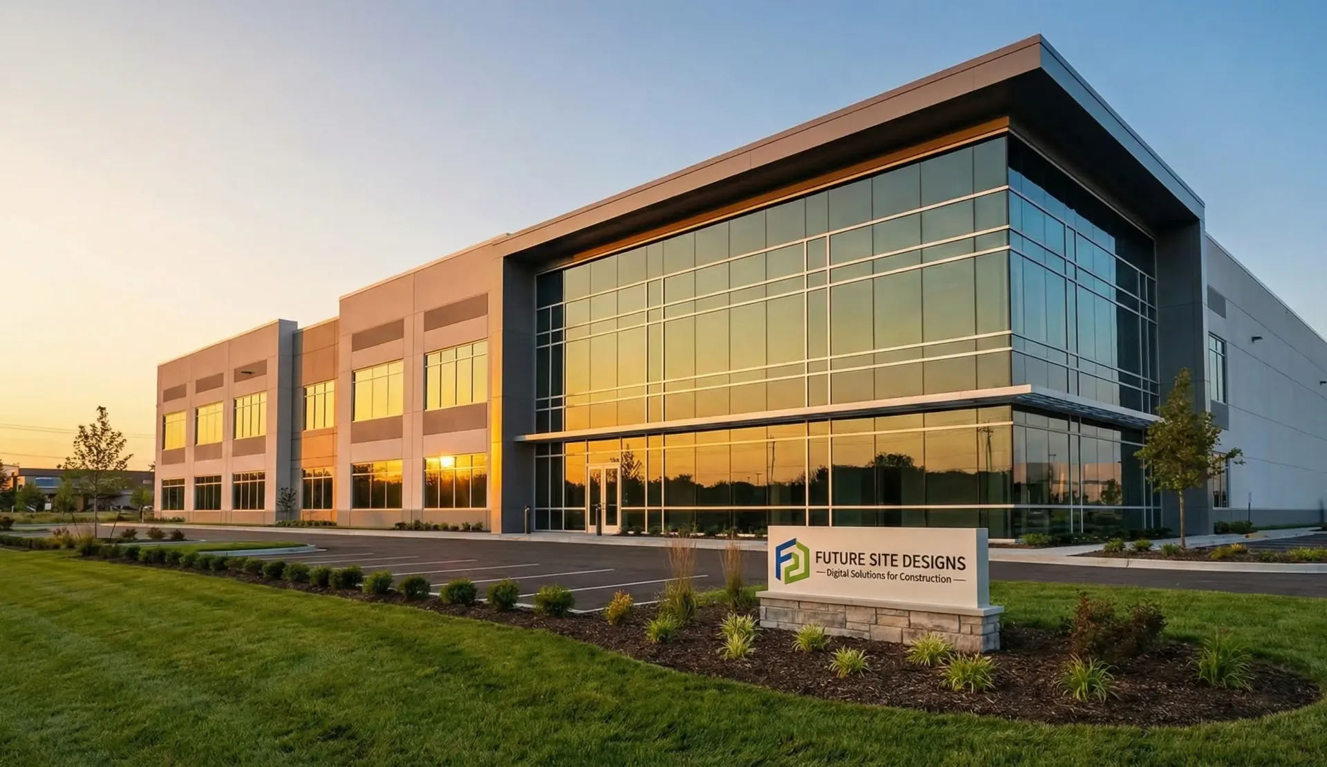 Modern building with large glass windows reflecting a sunset, sign in front. Future Site Designs