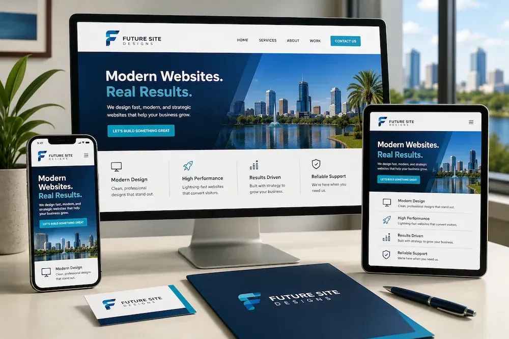 Consistent brand shown across a website on desktop, tablet, and phone with matching logo and colors