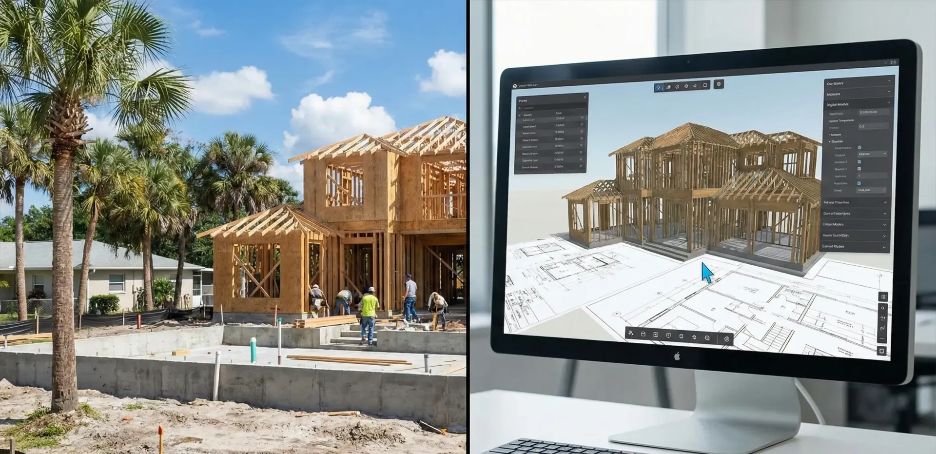 Split-screen view of an Orlando custom home construction site and its 3D digital twin model