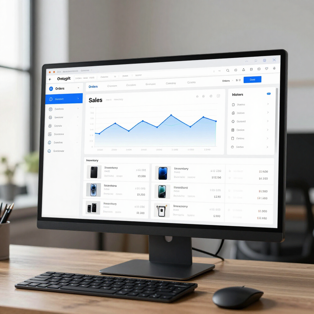 A computer monitor on a wooden desk displays a business analytics dashboard with a line graph and product sales data.