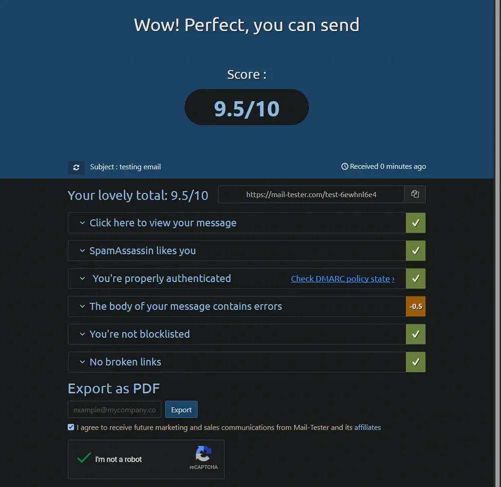 Mail deliverability test results showing a perfect email authentication score for Future Site Designs.