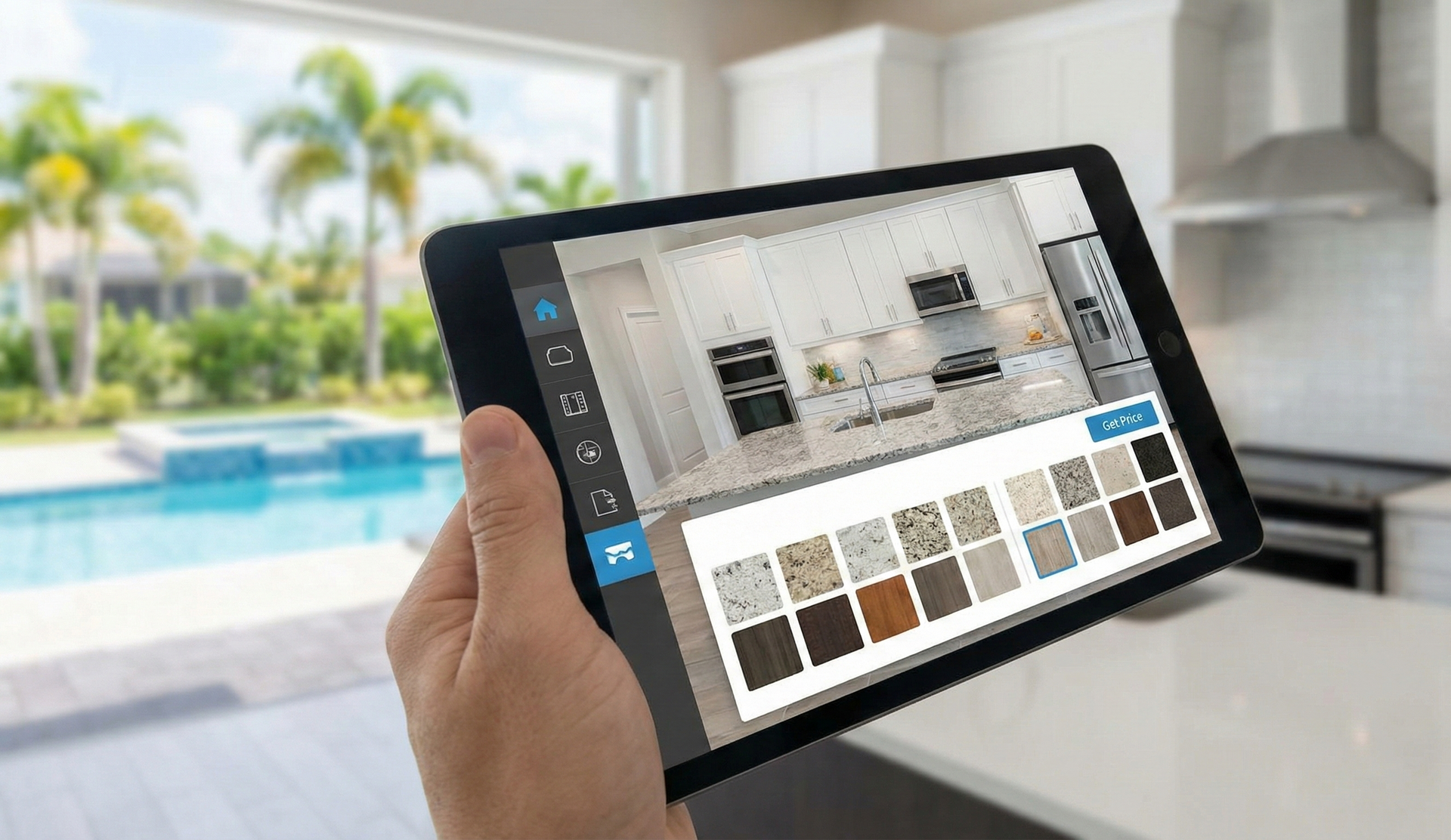 Homeowner using an interactive kitchen remodeling cost estimator on a tablet in Orlando