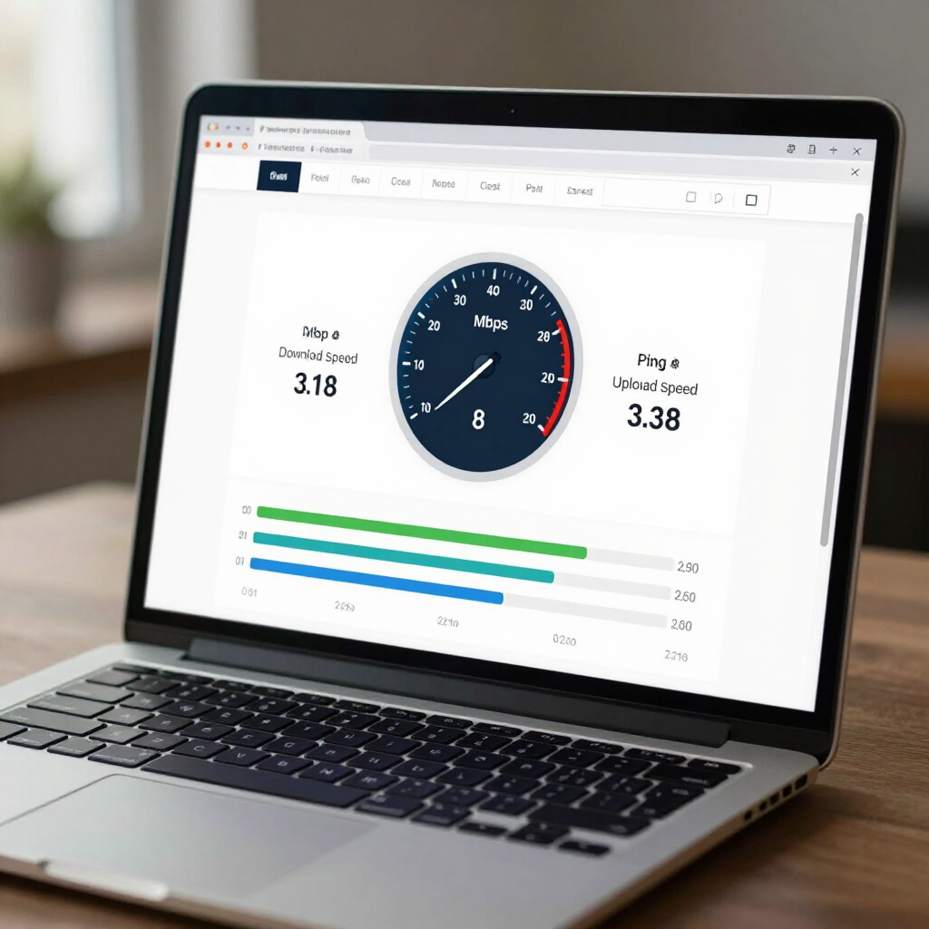 A laptop on a wooden desk displaying a website with a speed test gauge showing 8 Mbps, download 3.18, and upload 3.38.