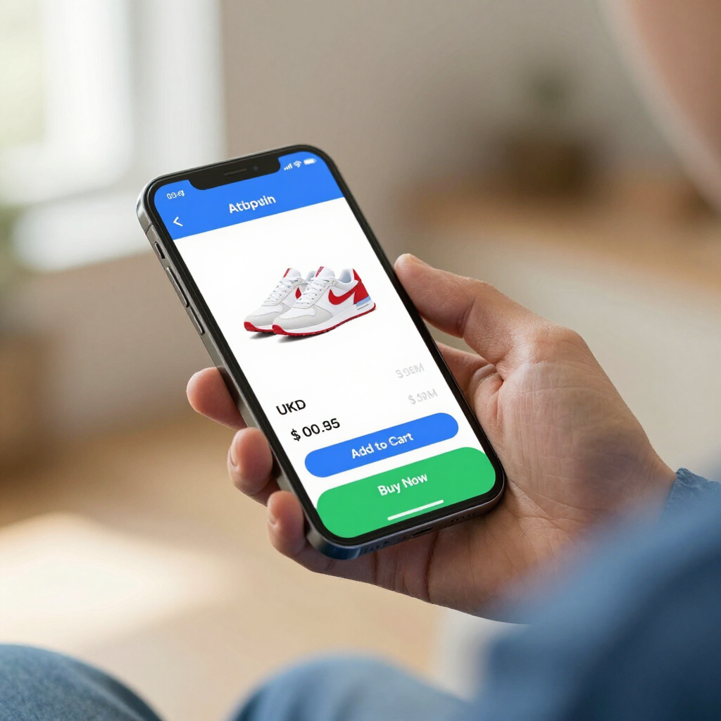 A hand holds a smartphone displaying a mobile shopping app with white sneakers with red accents and a