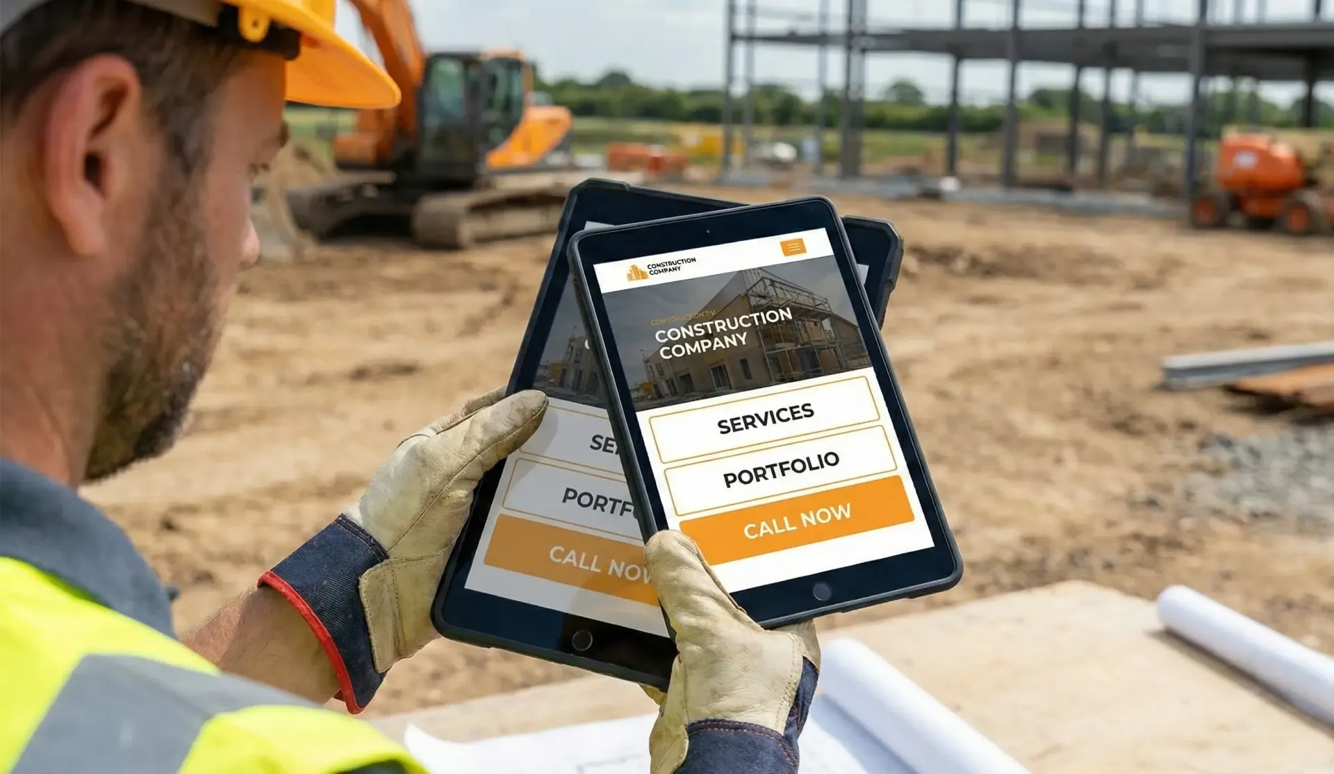 Construction worker using a tablet on a construction site. Tablet displays a webpage with orange buttons.