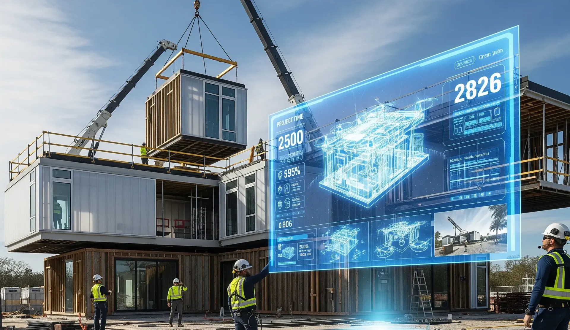 High-tech Orlando construction site in 2026 with modular home building and digital project displays