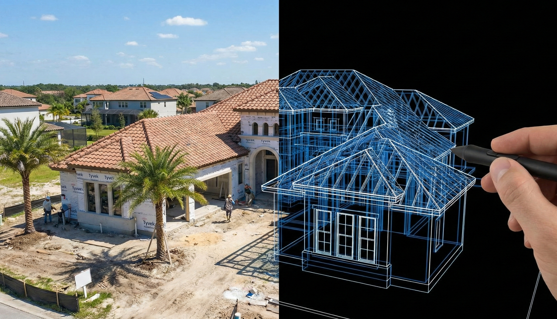 Drone view of an Orlando residential construction site beside its 3D digital model for a contractor website