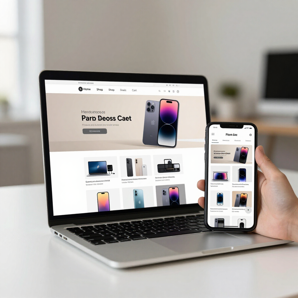 A hand holds a smartphone displaying a mobile website next to a laptop screen showing the same e-commerce site.