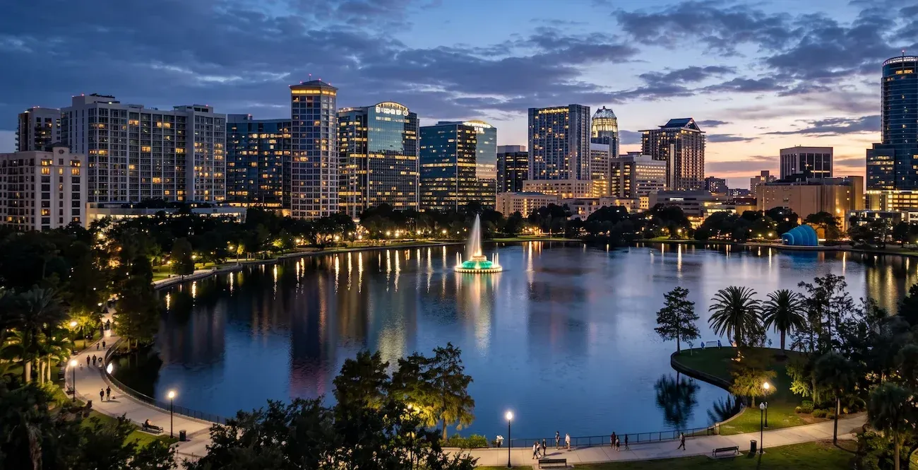 Orlando skyline at dusk with scattered lit and unlit office building windows.