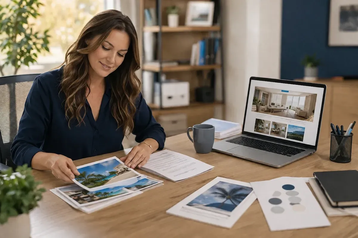 Small business owner organizing website content and photos to speed up their web design launch.