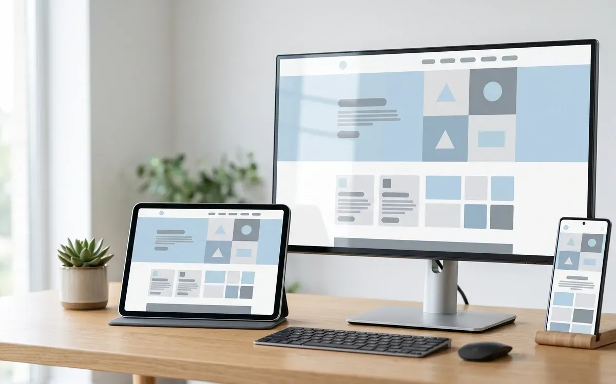 The same website shown on a desktop monitor, tablet, and smartphone