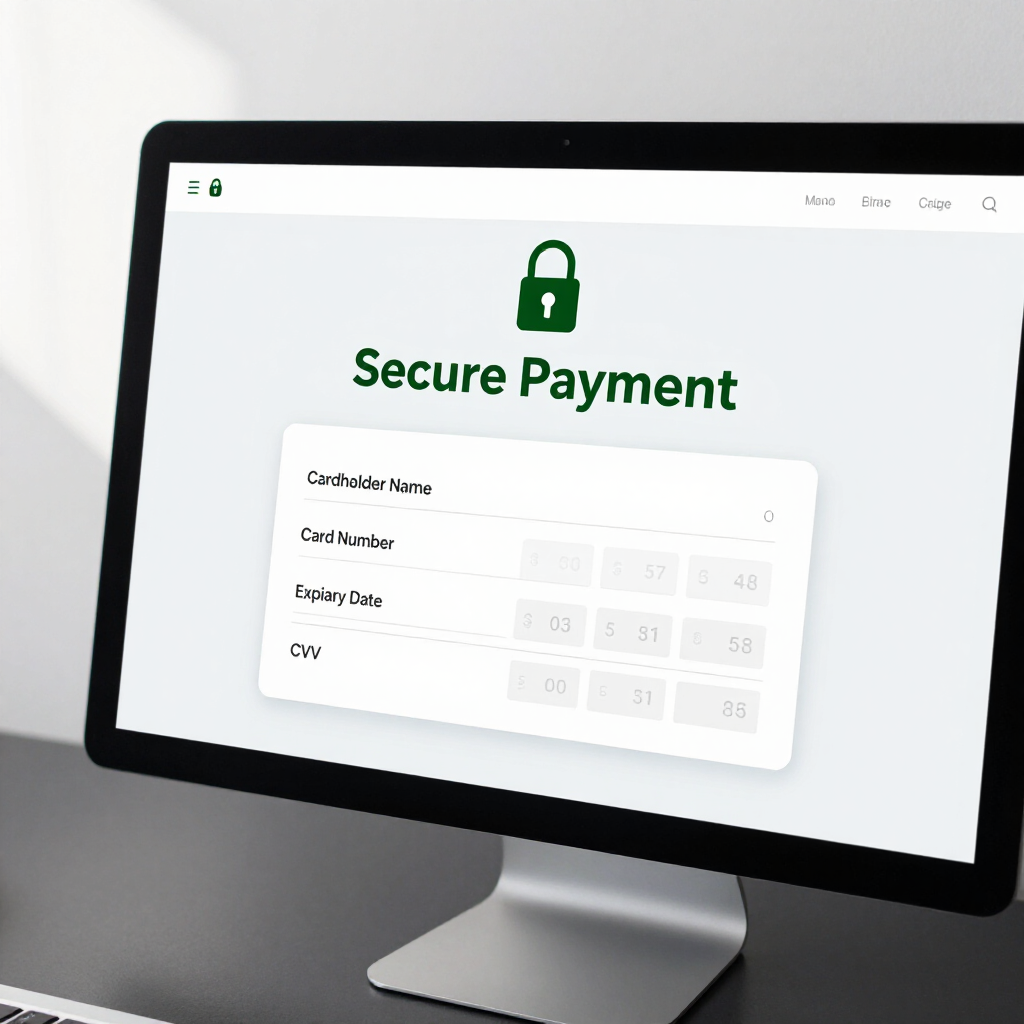 A desktop monitor on a desk displays a white web page with a green lock icon and a credit card payment form.