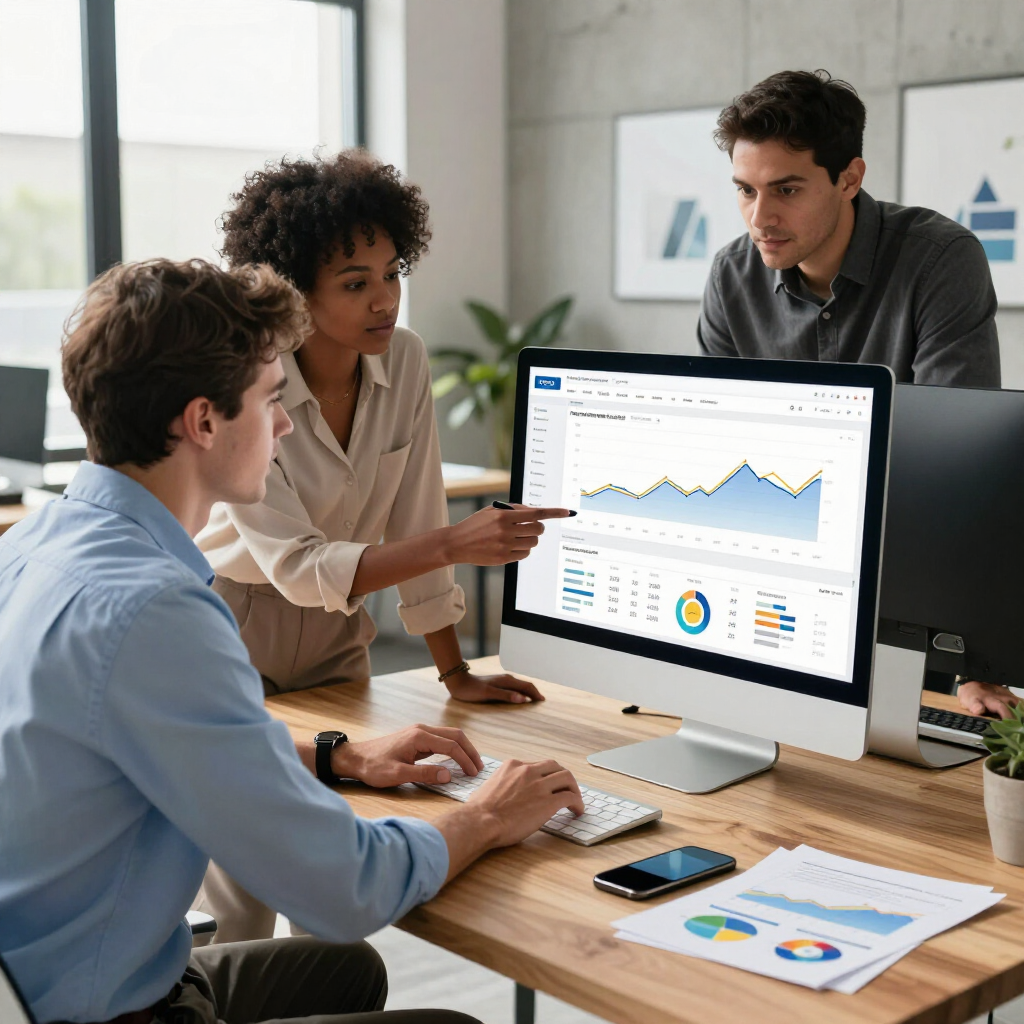 A team of Future Site Designs experts analyzing a client's website engine and technical SEO on a computer monitor.