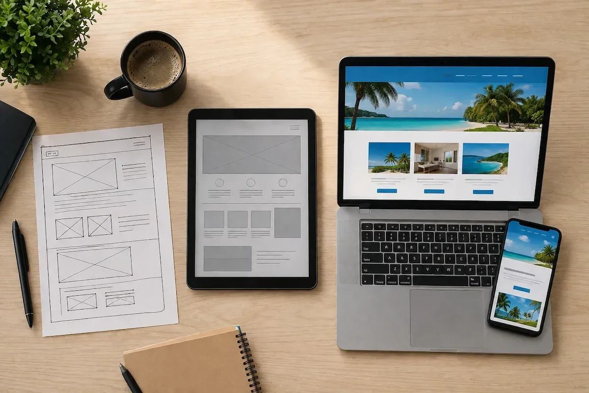 A website build shown in stages, from wireframe sketch to a finished responsive design on desktop and mobile.