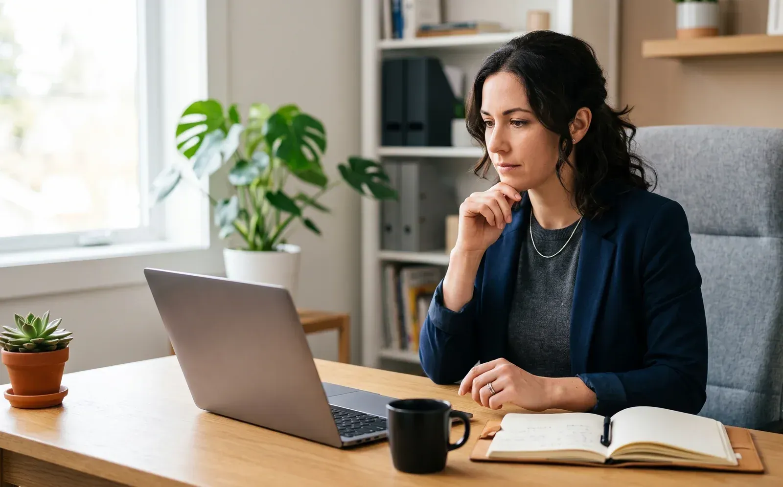 Small business owner reviewing website options on a laptop while planning a new site