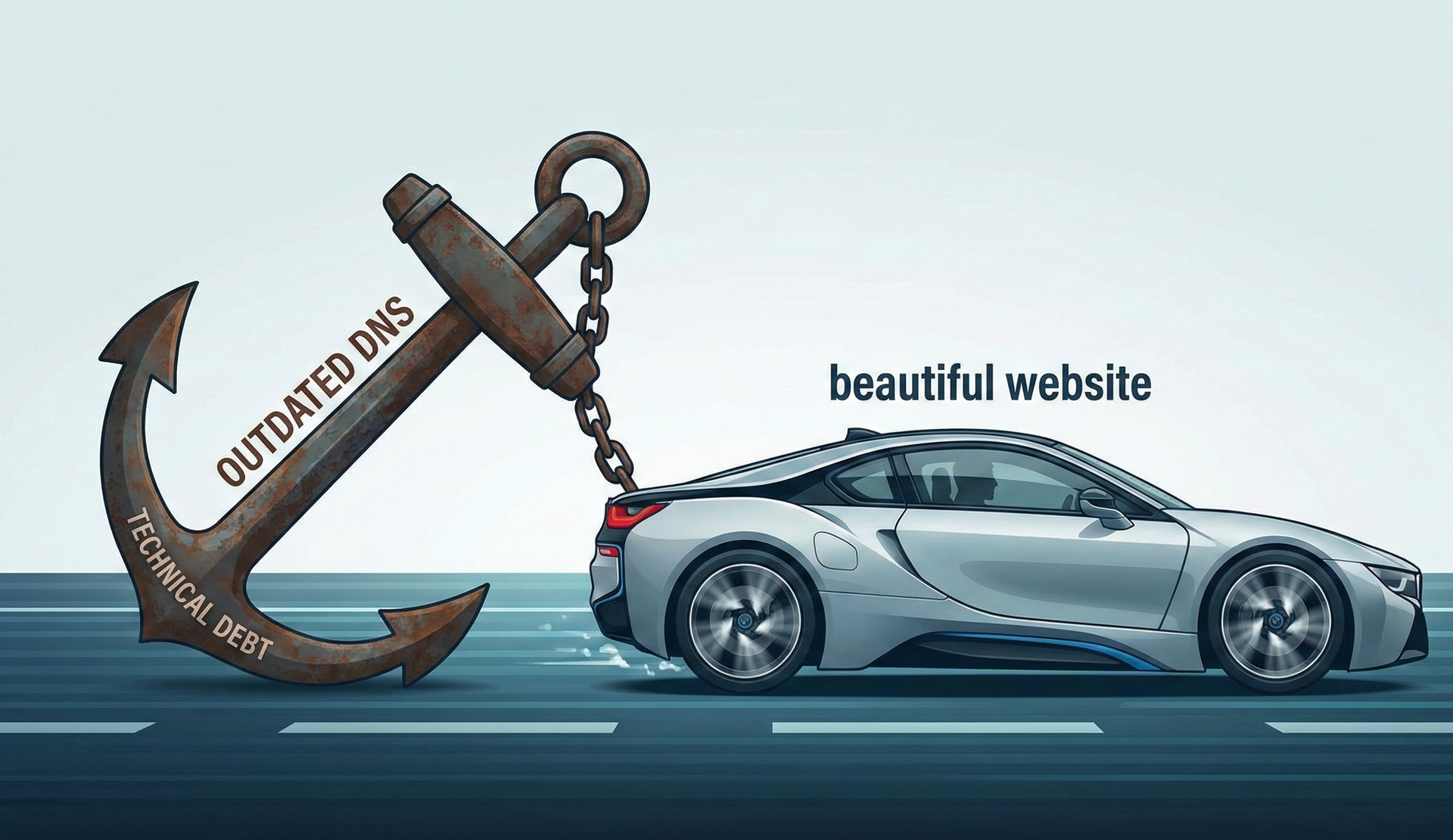 Sports car labeled beautiful website held back by a giant anchor labeled outdated DNS, showing slow site performance