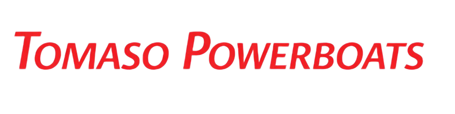 Tomaso Powerboats logo in red italic text on a white background