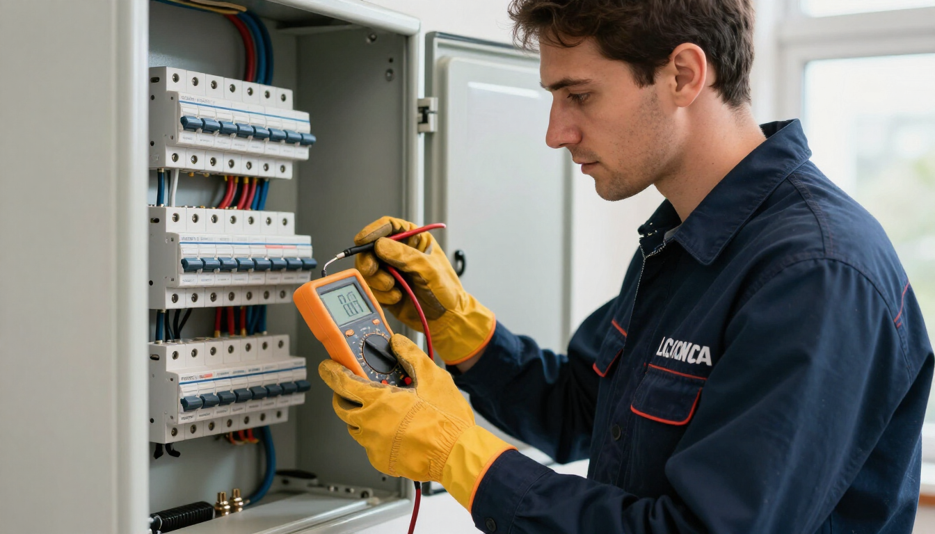 photorealistic licensed electrician using a digital multimeter to test a residential electrical panel
