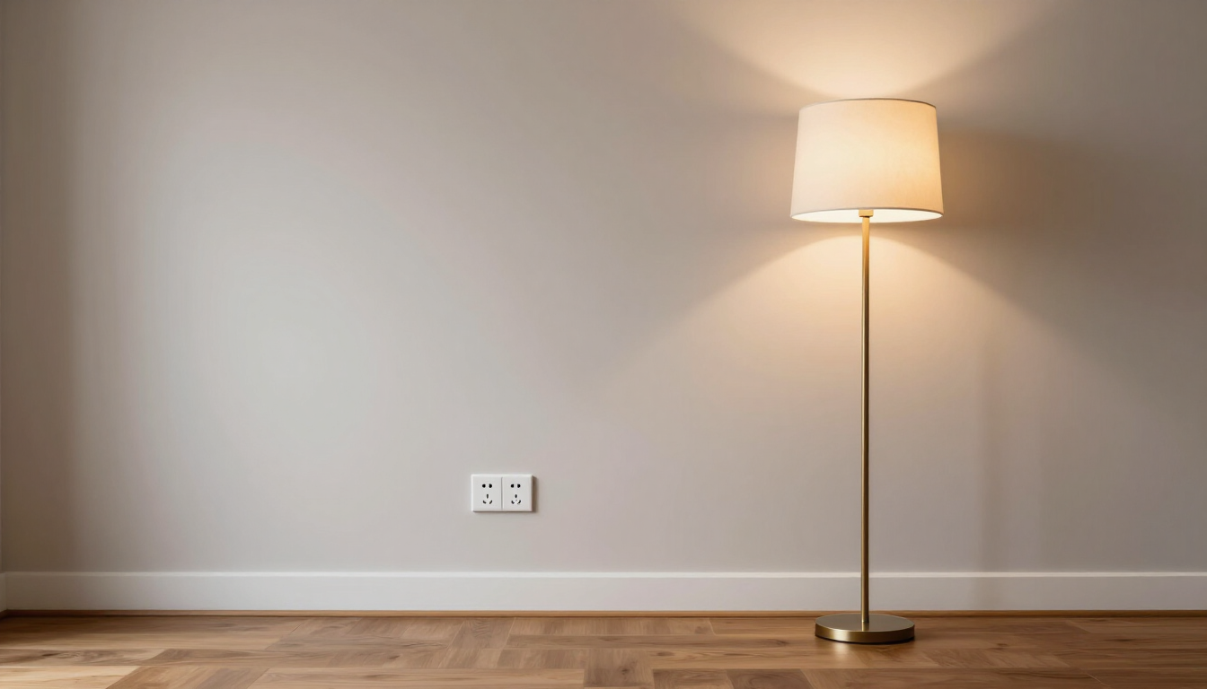 photorealistic modern living room with soft lighting focused on a wall outlet and lamp to illustrate electrical stability