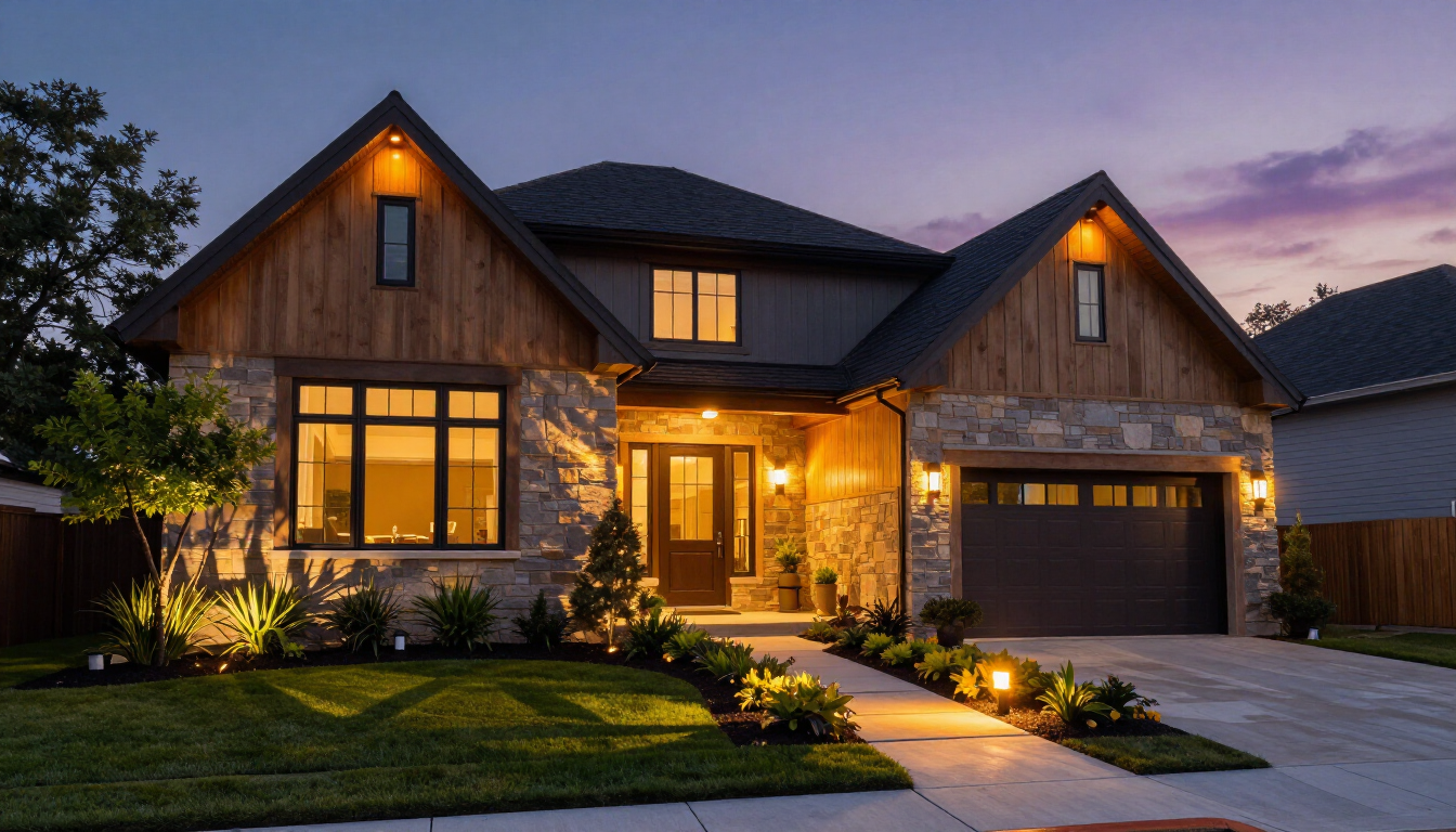photorealistic exterior of a Long Island home at dusk with professional outdoor lighting installed by an electrician
