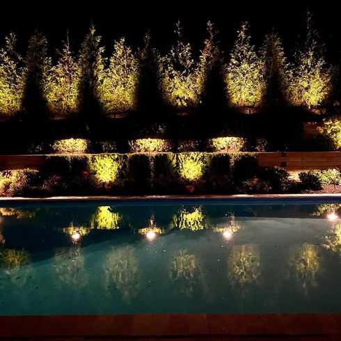 Pool at night with illuminated landscaping and reflections.