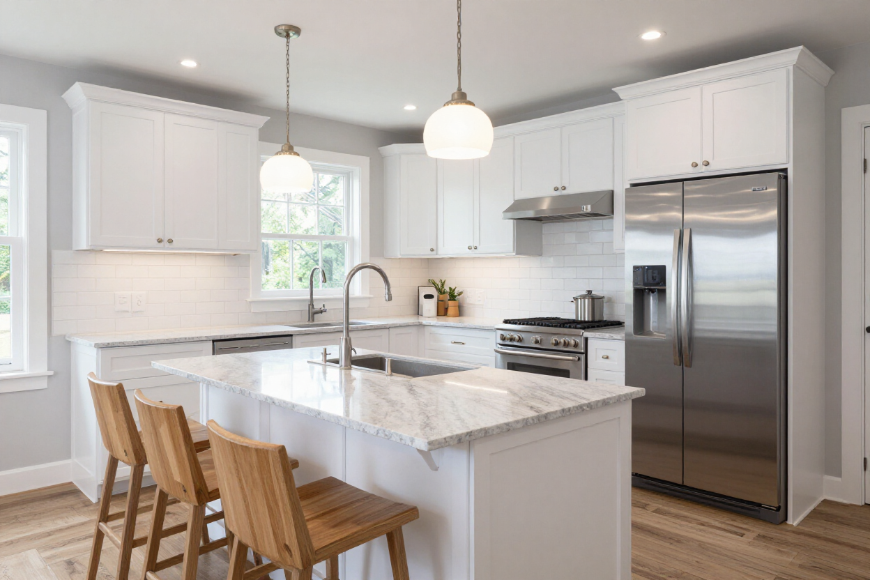 Renovated kitchen with white shaker cabinets and quartz countertops