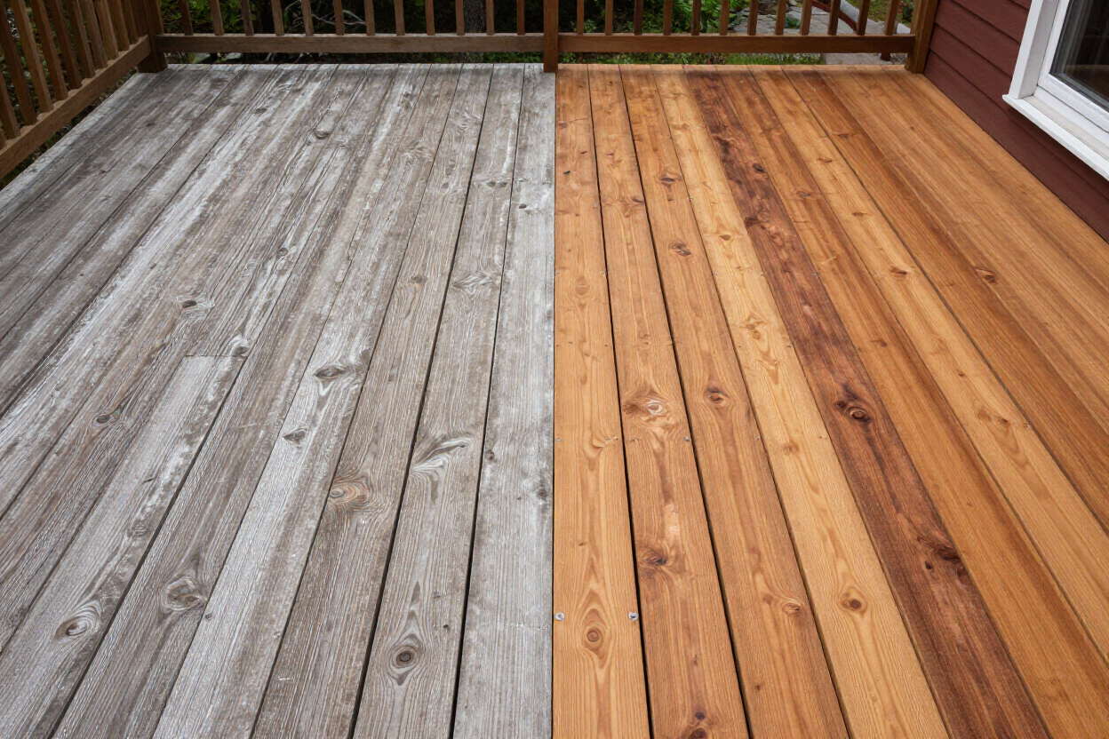 Deck restoration showing weathered boards beside freshly stained and sealed surface