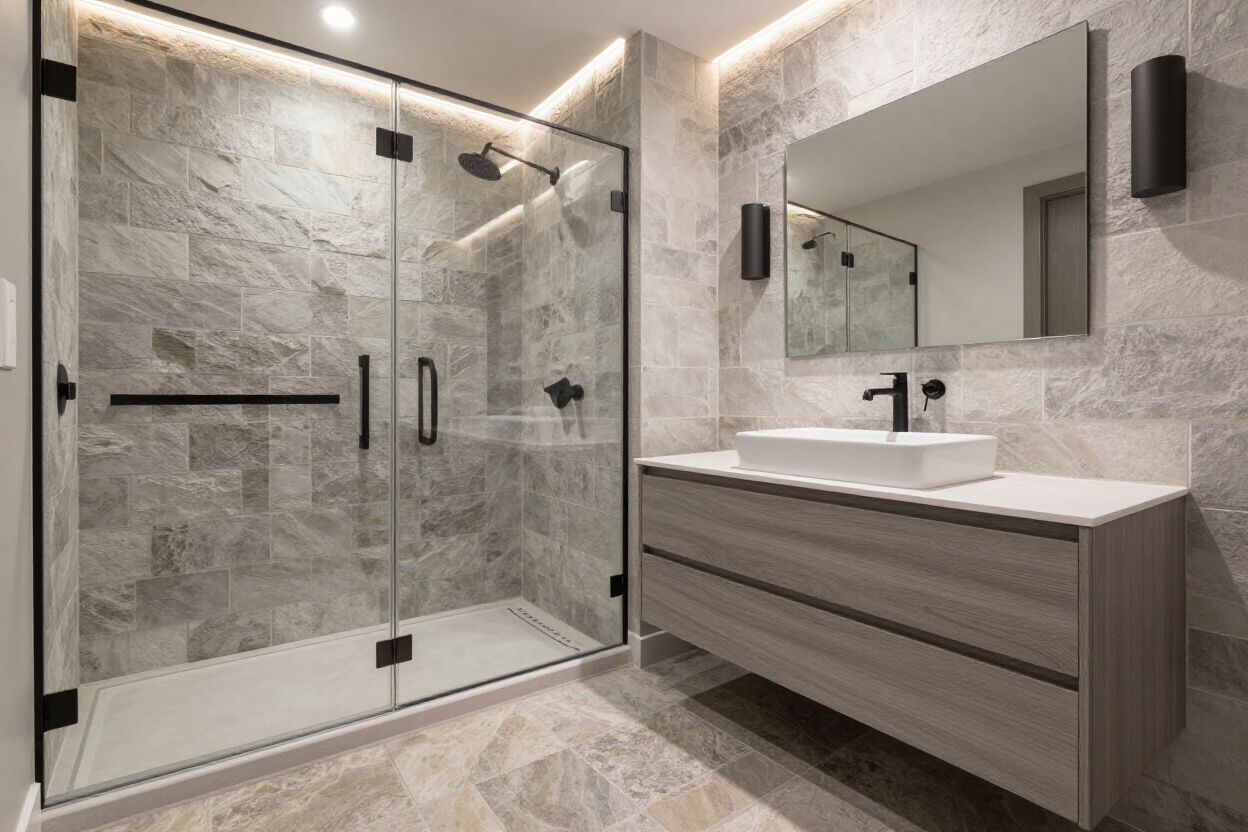 Renovated master bathroom with walk-in shower and modern fixtures