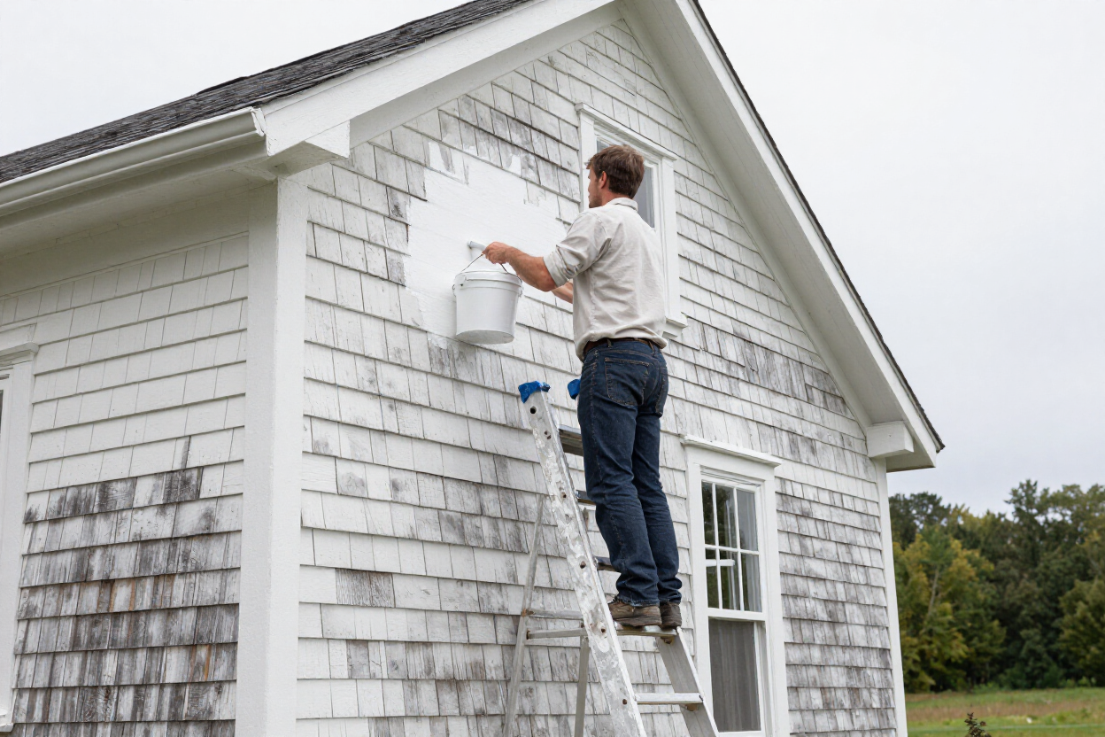 Professional painter working on exterior siding of a Vermont farmhouse