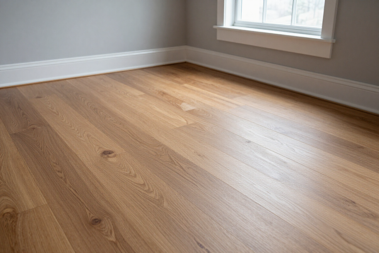 Freshly installed hardwood flooring in a Vermont living room