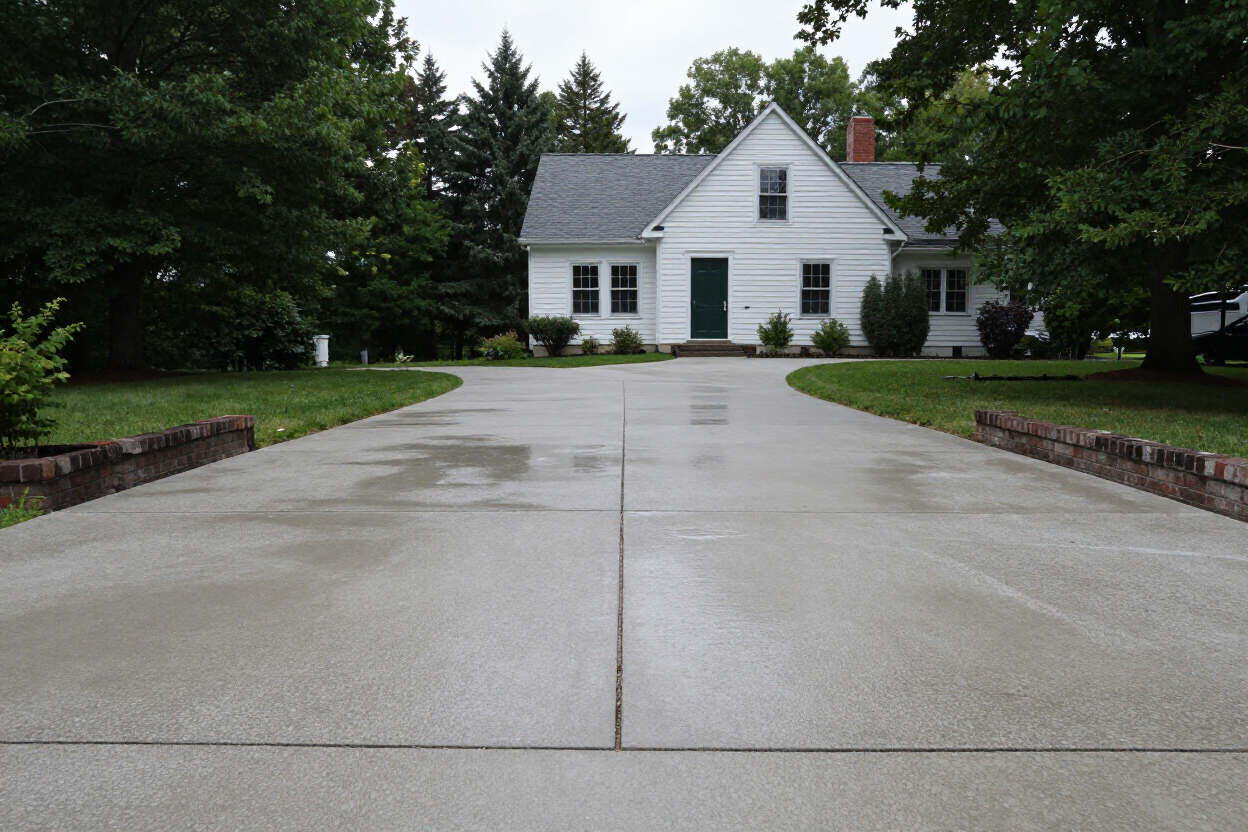 Freshly finished concrete driveway at a Vermont home